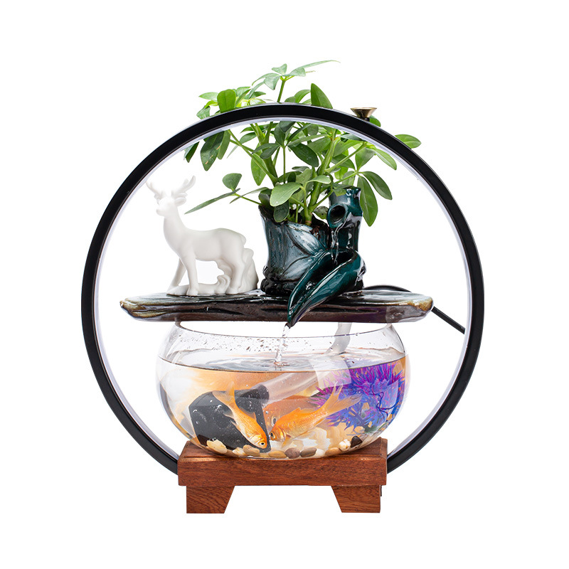 Creative Glass Fish Tank Living Room Desktop Circulation Flowing Ornaments Mini Waterfall Water Fountain with Light