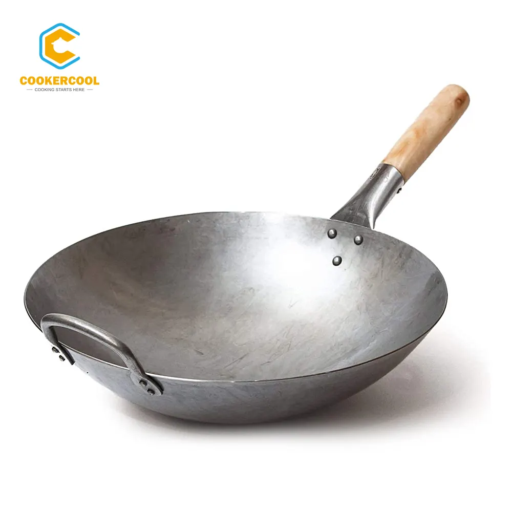 Cookercool Wok-Pow de acero al carbono martillado a mano, tradicional chino, con mango de madera y acero