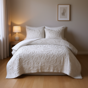 Ensemble de couette 3 pièces en chenille de coton tuftée à motifs médaillon, insert hypoallergénique, avec housse de couette zippée et taie d'oreiller, style classique - Product Image 2