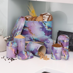 Ensemble de boîtes rondes en métal Kontensan de 7 pièces avec couvercle en dôme, texture marbrée rose et or et design violet liquide - Product Image 3