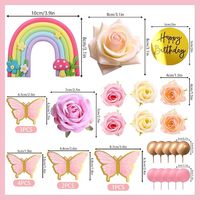 Schmetterling-Rosen-Geburtstagstorten-Deko-Set, Happy Birthday Regenbogen-Blumen-Tortendekoration, Rosa Party-Zubehör, Kuchen-Dekoration