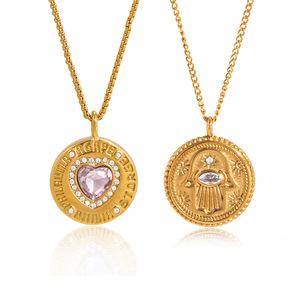 Fashion Pendant Necklace Gold Tone Coin With Heart And Hamsa Design Zircon Inlay For Gift Wear - Product Image 5