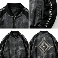 Blouson de travail noir vieilli à motif diamant gaufré haute fréquence, ourlet irrégulier, poches utilitaires, style streetwear, vente en gros OEM