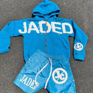 Parches bordados desgastados con logotipo personalizado, traje de Jogger de algodón 100%, sudaderas con capucha de gran tamaño, conjunto de pantalones cortos, chándales para hombres - Product Image 2