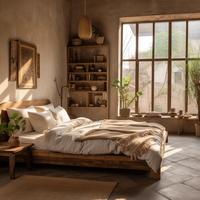 AJJ-M85 Muebles de Estilo Wabi-Sabi para Casa de Huéspedes, Muebles de Diseño de Madera Sólida para Resort, Cama Doble de Madera