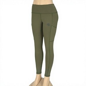 High Waist Solid Yoga <b>Leggings</b> <b>With</b> <b>Pockets</b> Full Length Four-Way Stretch Spandex Nylon Pants Contrast Stitch Design - Product Image 1