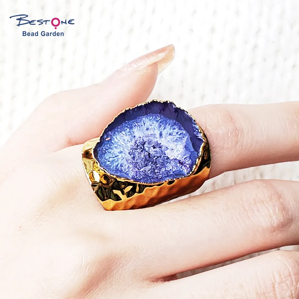 Bestone anneau réglable en plaqué or, fait à la main, Agate violette naturelle, Druzy