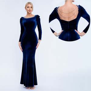 Robe de soirée élégante pour femme à manches longues et dos nu, avec perles au dos, en velours - Product Image 1