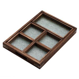 Plateau en bois de Paulownia à cinq compartiments avec insert en verre, rectangulaire, multifonctionnel, pour cérémonie du thé, goûter de l'après-midi, plateau de service pour collations - Product Image 5