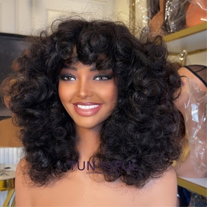 Perruque Courte Bob Bouclée en <span class=keywords><strong>Cheveux</strong></span> Humains avec Frange pour <span class=keywords><strong>Femme</strong></span>, Base Brésilienne Remy, Entièrement Fabriquée à la Machine - Product Image 2