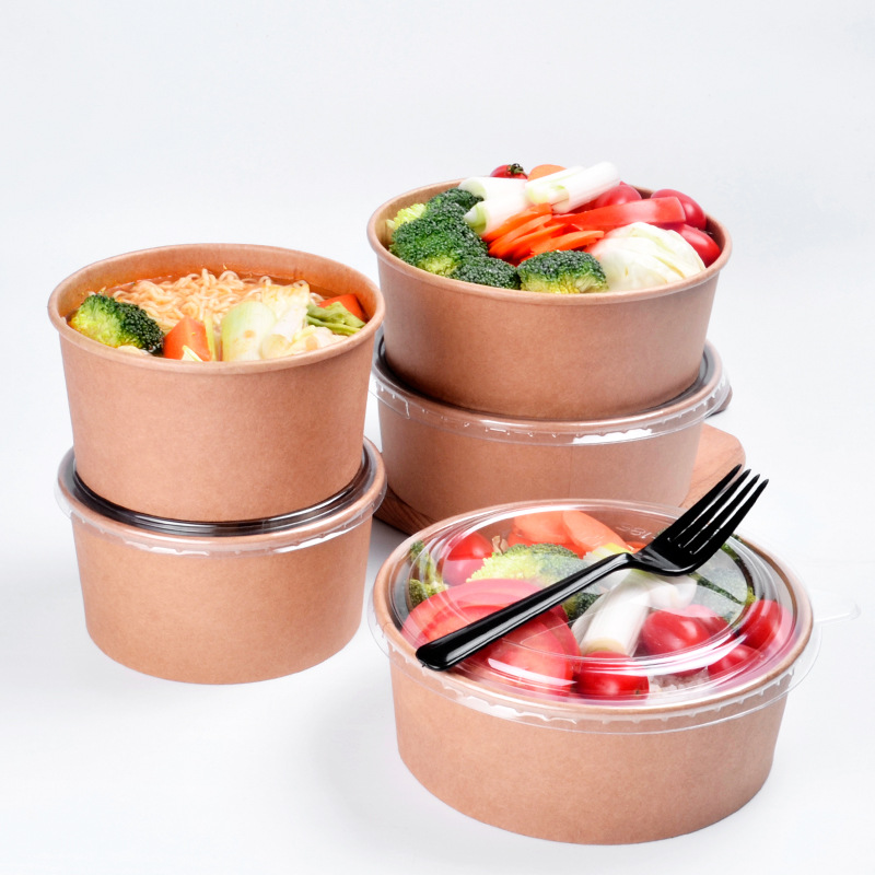 Eco-Friendly Kraft Paper Salad Bowl Disposable Take-Away Fruit Salad Container Kraft Paper Plates & Bowls Packaging