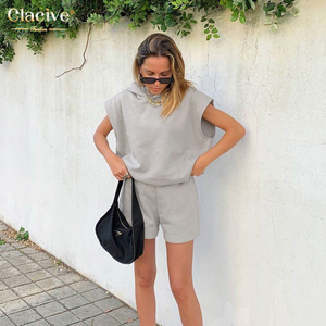 Sudadera con capucha sin mangas pantalones cortos de dos piezas pantalones cortos de Color sólido deporte 2 piezas de mujer ropa - Product Image 2