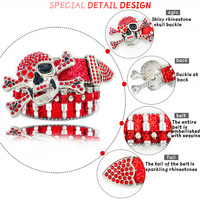 Ceinture unisexe style cowboy avec boucle tête de mort incrustée de strass, design tendance et sangle scintillante effet bling-bling, motif balle argentée, vente en gros