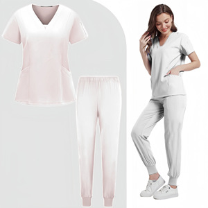 Women Scrub Suit Short Sleeve Ribbed Leg Elastic Split Set Moisture Wicking Hospital Dental Clinic Uniform - Product Image 4