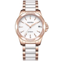 CALUOLA Montre automatique de luxe pour femme, cadran en cristal saphir, bracelet en céramique, date unique, étanche 5ATM, montre-bracelet élégante