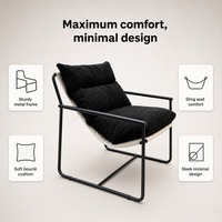 Fauteuil lounge moderne en toile noire avec structure tubulaire noire, coussin segmenté crème, pour salon, hôtel, couleur, taille et logo personnalisables