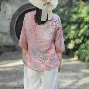 Camicie con scollo a v floreali <span class=keywords><strong>rosa</strong></span> moda donna magliette a mezza manica t-Shirt Retro <span class=keywords><strong>lino</strong></span> sciolto abbigliamento letterario da donna <span class=keywords><strong>camicia</strong></span> Casual - Product Image 4