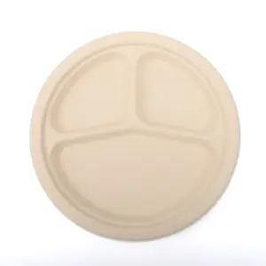 3 Compartments Deep Heavy Duty Round Plate Compostable Disposable Plate Pizza Plate Made By Rapidly Renewable Bamboo Pulp