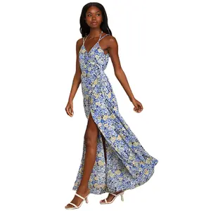 2022 vestido de praia de estampa floral feminino, longo estampa lateral fenda férias vestido para verão