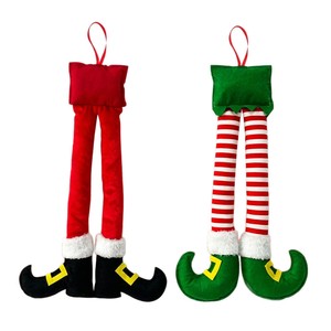 Adorno Navideño Colgante de Peluche con Patas de Duende de Santa Claus en 3 Tamaños, Decoración Festiva a Rayas Rojas y Verdes para Árbol o Puerta - Product Image 1