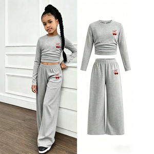 Ensemble 2 pièces pour jeunes filles : Haut court à manches longues imprimé cerises et nœuds & Pantalon large à taille élastique – Tenues décontractées pour enfants OEM ODM - Product Image 1