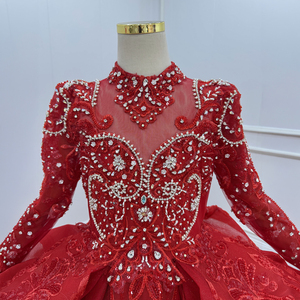 Robe de demoiselle d'honneur de luxe Wn1796, rouge, à fleurs, avec dentelle perlée, col haut, robe de bal de princesse, longueur au sol, 100% polyester, pour mariage ou fête d'enfants - Product Image 4