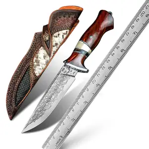 ידית עצם רוזווד קבועה להב פלדה הישרדות בוואי סכיני חיצוני טקטי דמשק סכין ציד