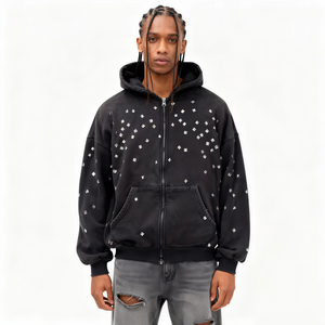 TKAN380 OEM Custom Streetwear Cropped Men Regular Fit Hoodie 100% Cotton French Terry Embroidered <b>Rhinestone</b> Zipper <b>Jacket</b> - Product Image 1