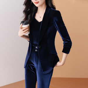 Women Velvet Suit Set Three Quarter Sleeve Anti-Wrinkle Office Lady Daily Commute Work Wear - Product Image 4