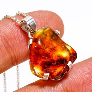 Collar con Colgante de Gema de Ámbar, Plata de Ley 925, 18 Pulgadas, Cristal Curativo, Joyería de Boda, Engaste de Bisel, Color Dorado - Product Image 2
