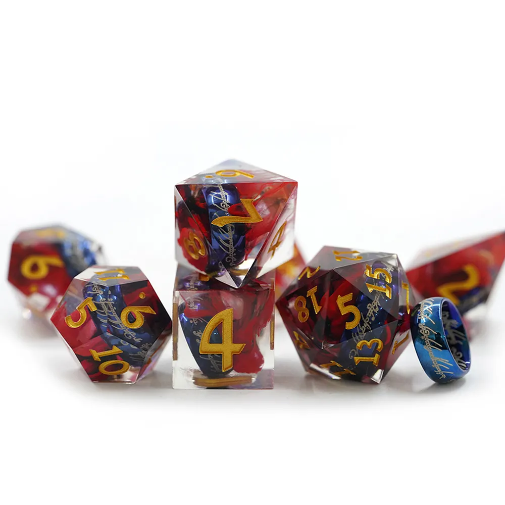 Hot selling Hand Made Red Effect Polyhedral rpg ring inclusion Acrylic Dices 7pcs D20 Dnd Resin Dice Set