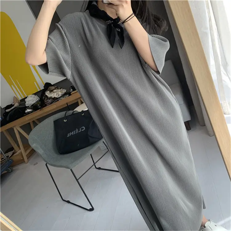 최신 한국어 여름 부드러운 긴 티셔츠 드레스 캐주얼 빈 대형 슈퍼 대형 헐렁한 연필 맥시 T 셔츠 드레스