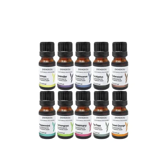 2024 Conjunto de óleo essencial 100% puro hidratante âmbar 10ml para plantas 100% puro de marca própria, solúvel em água, personalizado