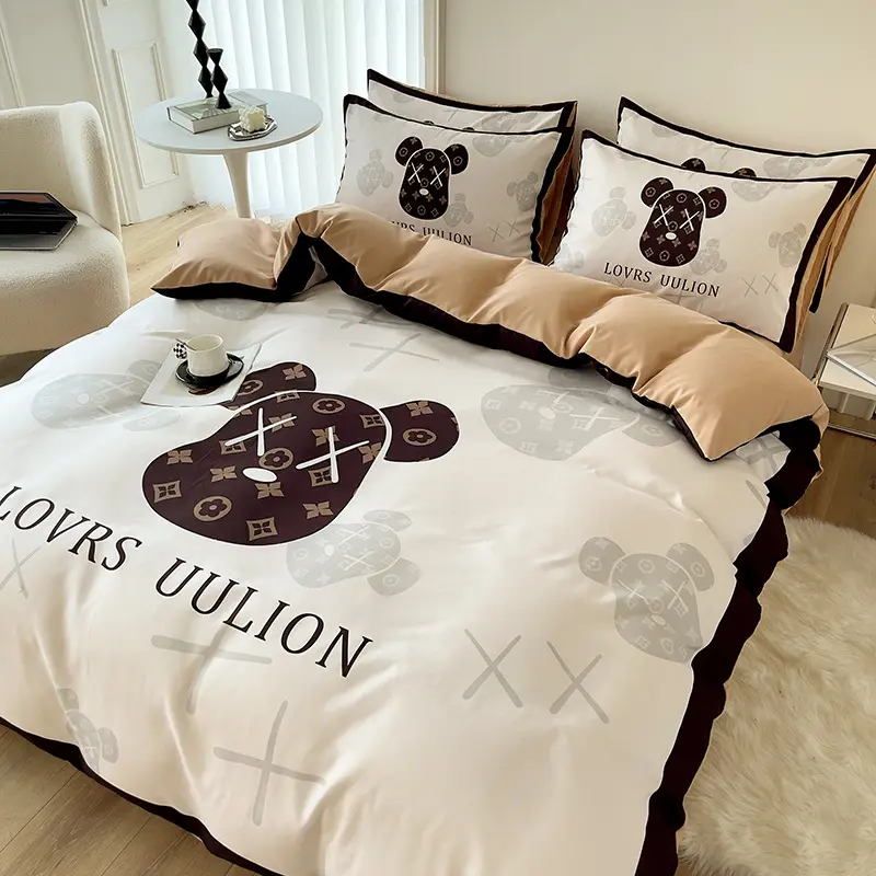 Bộ đồ giường 4 trong 1 bằng Cotton chải Bộ chăn ga trải giường cỡ vua màu nâu trắng