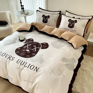 Brushed Cotton 4-In-1 Bedding Set Brown White King Size Duvet Cover Bed Sheet Bedding Set