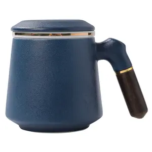 Big Sale Navy Blue Ceramic Tea Mug With Infuser And Wooden Handle For Office Workers