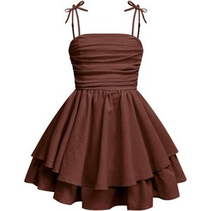 Girl's Flowy Cami Dress Ruched Sleeveless Brown Layered Ruffle A-Line Casual Summer Dress Spaghetti Strap Breathable - Product Image 1