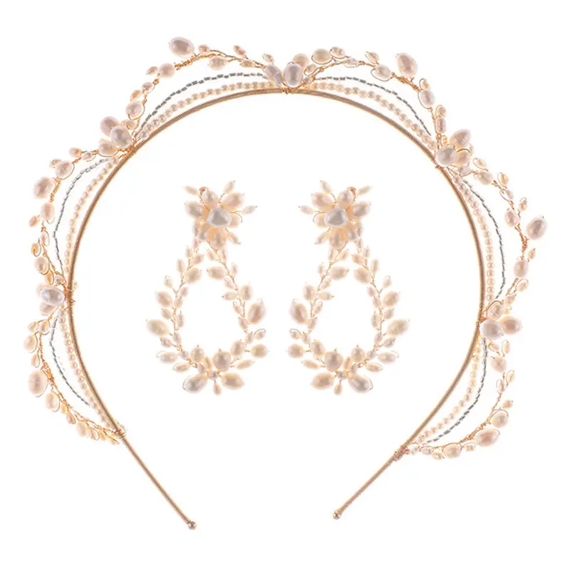 Handmade Freshwater Pearl Hair Band And Earring Sets Bridal Tiaras Headbands Luxury Wedding Hair Accessories For Women