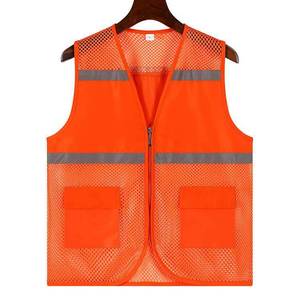 Reflective Safety Vest Orange Mesh Two Pockets Zipper Front Unisex Workwear for Outdoor Activities - Product Image 1