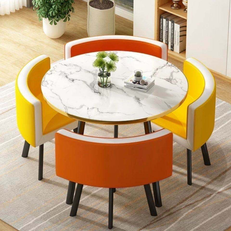 Cuir jaune orange 1 table 4 chaises support noir