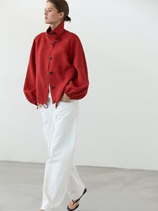 Manteau décontracté pour <span class=keywords><strong>femme</strong></span> MD en <span class=keywords><strong>lin</strong></span> vintage, coupe ajustée, à motif uni, avec boutons et manches lanternes, simple boutonnage - Product Image 5