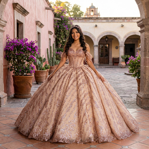 1532 Robe de mariée élégante rose doré, décolleté cœur, imprimé dentelle, appliques de perles de cristal, broderie, taille naturelle, traîne chapelle, longueur ras du sol - Product Image 1