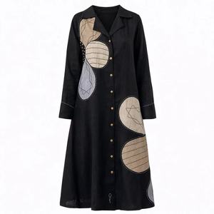 Abito chemisier midi da donna personalizzato in <span class=keywords><strong>lino</strong></span> e cotone <span class=keywords><strong>nero</strong></span> con applicazione geometrica ovale, collo a revers dentellato e maniche lunghe, alla moda e casual - Product Image 3