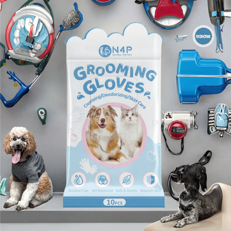 N4P Pet Cleaning Glove Wipes - Quick-Dry Moisturizing Deodorizing Fruit Scent for Dogs Cats