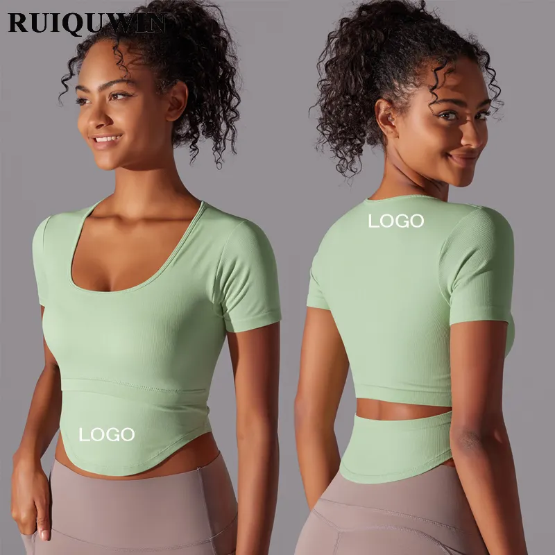 RUIQUWIN Custom More Color High Elasticity U Neck Back Slotted Seamless Ribbed Yoga Jogging Short Sleeve Sports Tops T Shirt