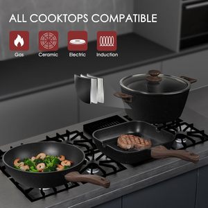 Kikcoin – Ensemble de 31 ustensiles de cuisine antiadhésifs <span class=keywords><strong>en</strong></span> <span class=keywords><strong>aluminium</strong></span> et acier au carbone, avec poêle grill, <span class=keywords><strong>casserole</strong></span>, plaque de cuisson et couvercles <span class=keywords><strong>en</strong></span> verre noir - Product Image 4