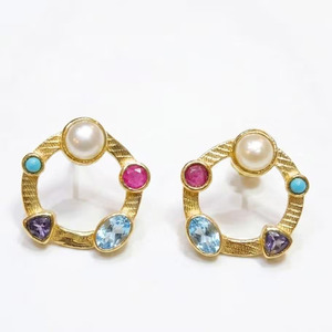 Multi Gemstone Gold Plated Brass <b>Stud</b> <b>Earrings</b>, Pearl Ruby Blue Topaz Iolite <b>Turquoise</b> For Women's Everyday Wear - Product Image 1