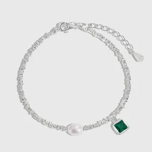 Dylam New Arrival Stylish S925 Silver Rhodium Plated Beaded Fresh Water Pearl Emerald Green 5A Zirconia Pendant Bracelets
