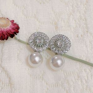 ต่างหูห้อยไข่มุกสีขาวดอกทานตะวันหรูหราสไตล์เกาหลีต่างหูเพทายรูปดอกทานตะวันสำหรับงานเลี้ยงตอนเย็นที่แสนหวานของเจ้าสาว - Product Image 5