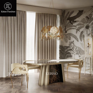 Ghế ăn sang trọng thoải mái chân kim loại mạ vàng nội thất gia đình ghế ăn bọc nhung màu be ghế ăn hiện đại biệt thự - Product Image 5